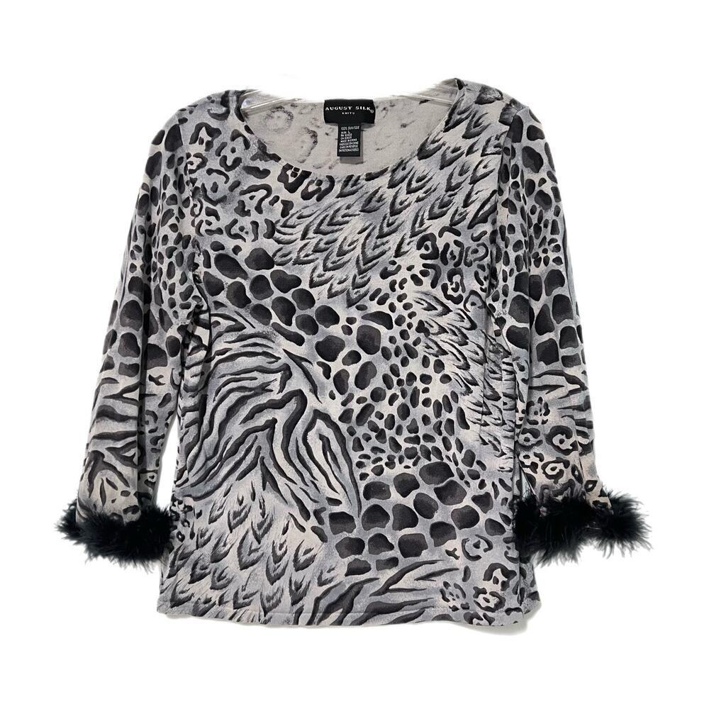 August Silk Women's Pullover Knit Top Large 100% Silk Black Faux Fur Cuffs